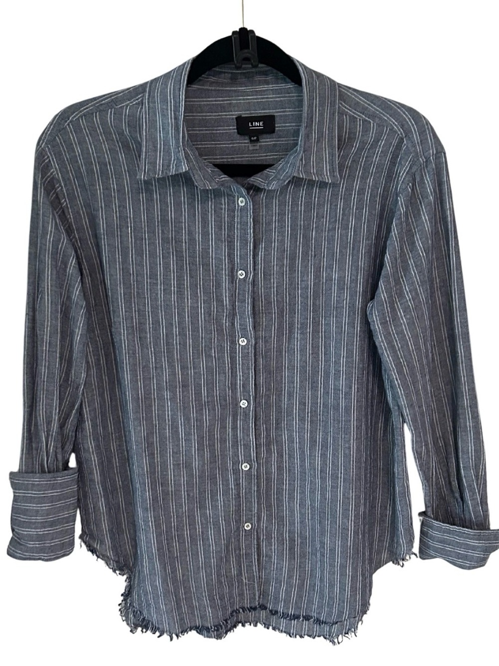 LINE the Label Striped Cotton Chambray Button Down Shirt | Blue/White | Size S